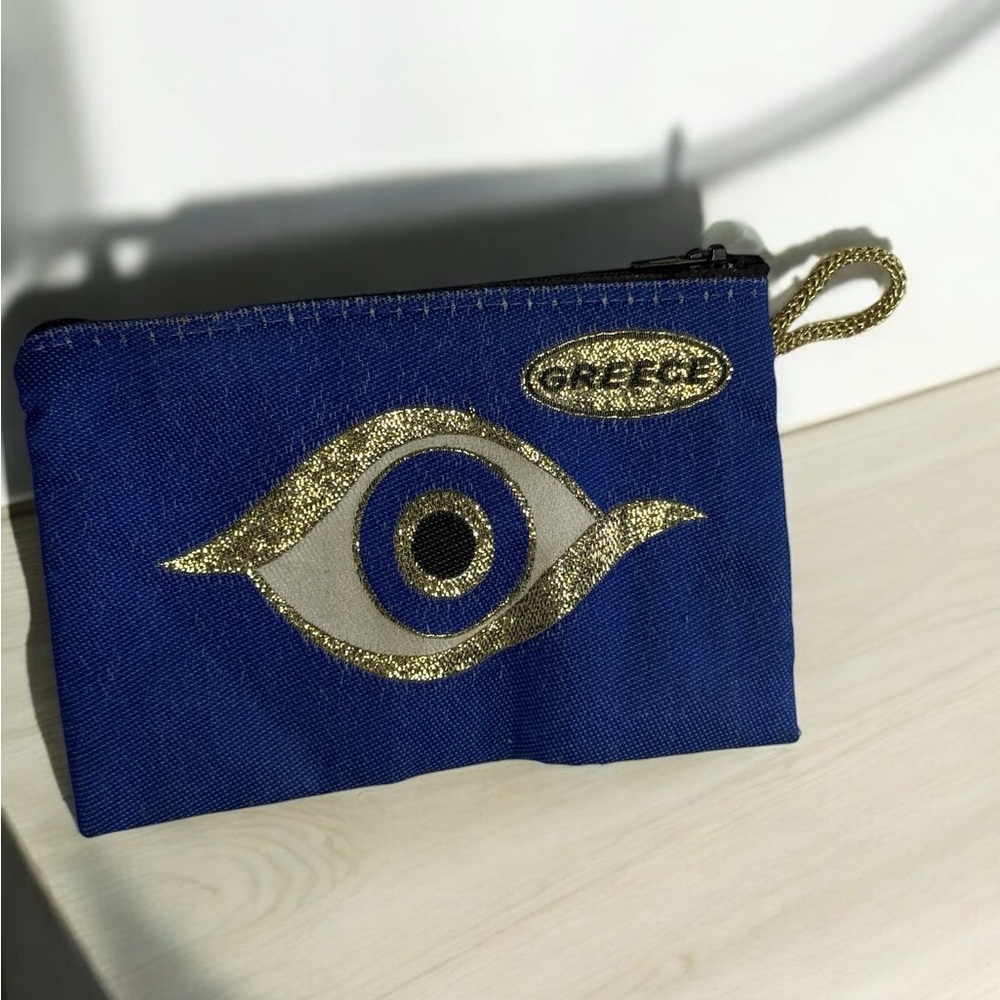 Retro Blue and Gold Evil Eye Clutch crafted with quality cotton 6x4 Pre-love
